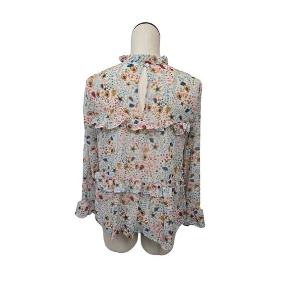 Sundance High Neck Floral Print Celina Blouse Tiered Ruffle Semi Sheer Womens XS - Picture 2 of 12